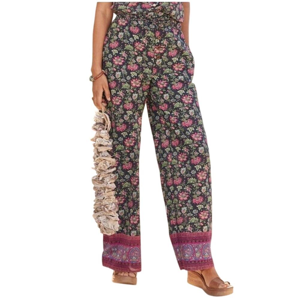 Sundance Sz M Black Floral Bangla Road Wide-Leg Pants Loose Fit Boho Vacation